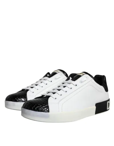 Pre-owned Dolce & Gabbana Black Leather Logo Portofino Sneaker Men's Shoes () In Multi
