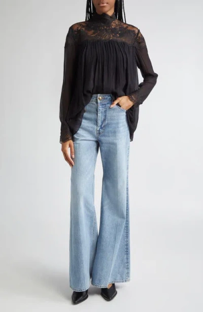 Zimmermann Black Blouse With High Neck And Lace Panels In Viscose Woman In Black