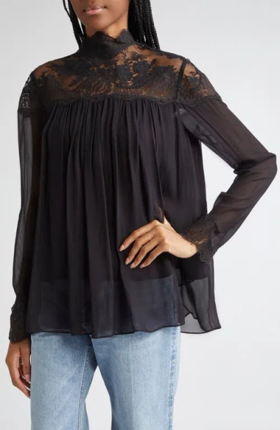 Zimmermann Black Blouse With High Neck And Lace Panels In Viscose Woman In Black