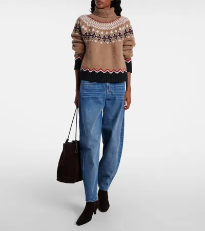 Alanui Patterned Camel Turtleneck Sweater With Geometric And Floral Motifs In Brown