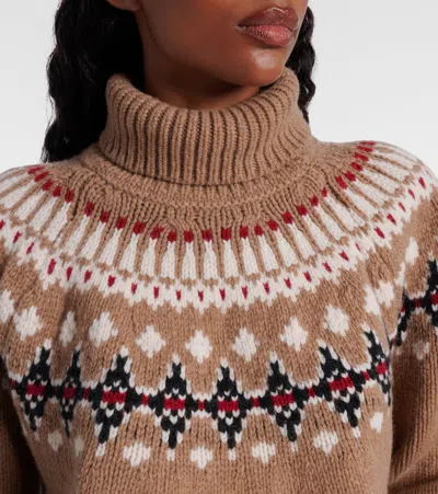 Alanui Patterned Camel Turtleneck Sweater With Geometric And Floral Motifs In Brown