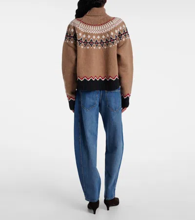 Alanui Patterned Camel Turtleneck Sweater With Geometric And Floral Motifs In Brown
