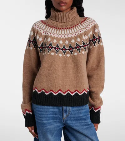 Alanui Patterned Camel Turtleneck Sweater With Geometric And Floral Motifs In Brown