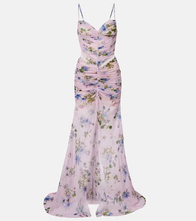 Blumarine Floral Ruched Sheer Gown In Purple