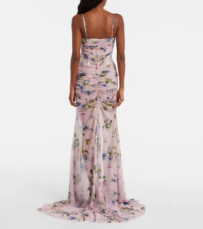 Blumarine Floral Ruched Sheer Gown In Purple