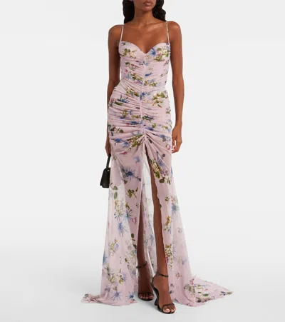 Blumarine Floral Ruched Sheer Gown In Purple