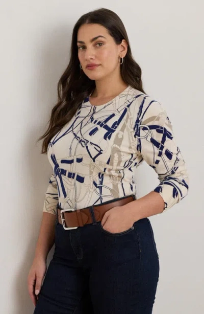 Ralph Lauren Lauren  Belting Print Cotton Blend Sweater In Gray