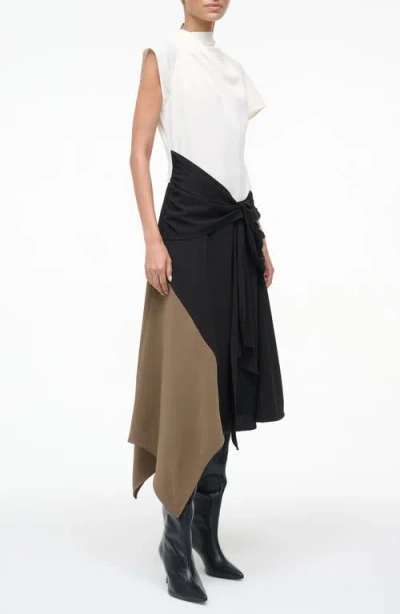 Staud Davina Asymmetric Paneled Color-block Draped Crepe Dress In Multi