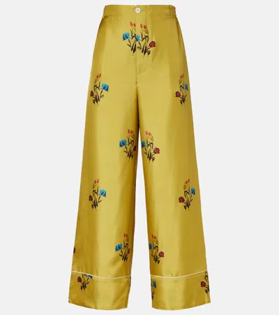 Marni Floral Print Wide Leg Silk Pants In Gold