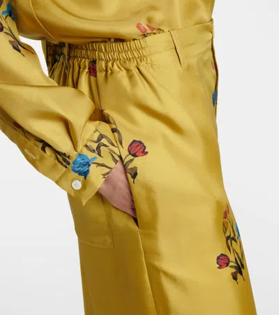 Marni Floral Print Wide Leg Silk Pants In Gold