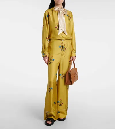 Marni Floral Print Wide Leg Silk Pants In Gold