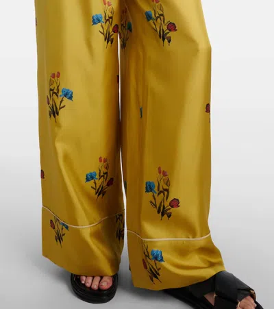 Marni Floral Print Wide Leg Silk Pants In Gold