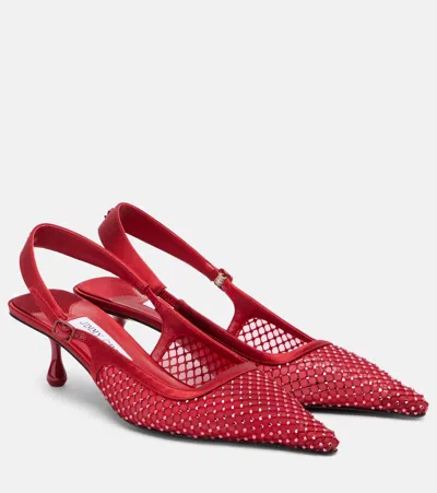 Jimmy Choo Amel 50 Crystal-embellished Mesh And Satin Slingback Pumps In Red