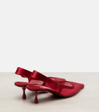 Jimmy Choo Amel 50 Crystal-embellished Mesh And Satin Slingback Pumps In Red