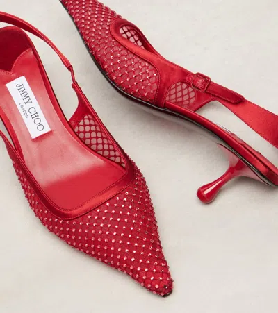 Jimmy Choo Amel 50 Crystal-embellished Mesh And Satin Slingback Pumps In Red