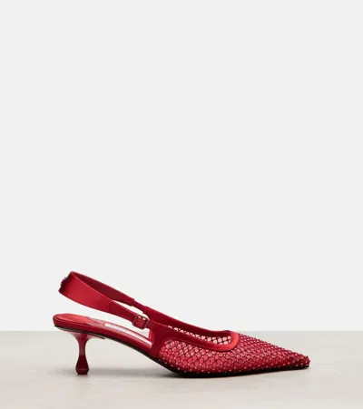 Jimmy Choo Amel 50 Crystal-embellished Mesh And Satin Slingback Pumps In Red