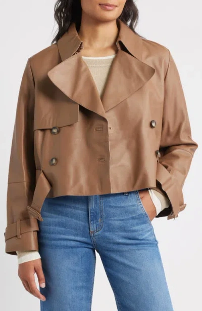 Hugo Boss Boss Satela Double Breasted Leather Jacket In Neutral