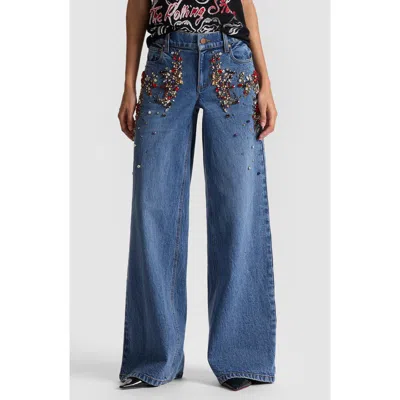 Alice And Olivia Amazing Low Rise Embellished Baggy Jeans In Brooklyn Blue In Blue