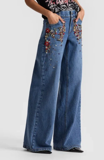 Alice And Olivia Amazing Low Rise Embellished Baggy Jeans In Brooklyn Blue In Blue