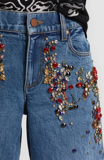 Alice And Olivia Amazing Low Rise Embellished Baggy Jeans In Brooklyn Blue In Blue