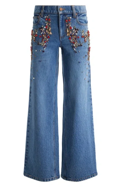 Alice And Olivia Amazing Low Rise Embellished Baggy Jeans In Brooklyn Blue In Blue