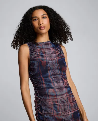 Kenneth Cole Printed Mesh Fully Ruched Modern Midi Dress In Multi