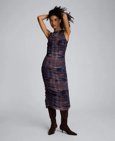 Kenneth Cole Printed Mesh Fully Ruched Modern Midi Dress In Multi