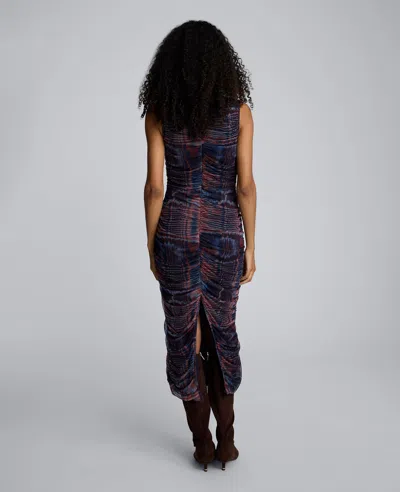 Kenneth Cole Printed Mesh Fully Ruched Modern Midi Dress In Multi