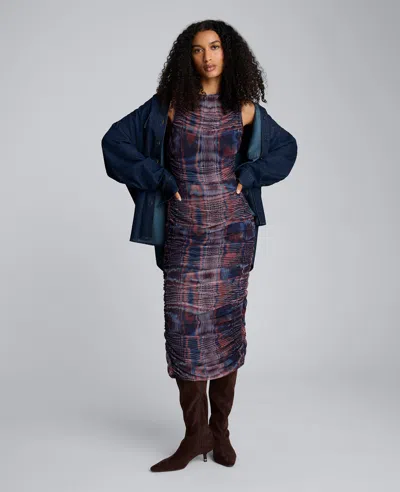 Kenneth Cole Printed Mesh Fully Ruched Modern Midi Dress In Multi
