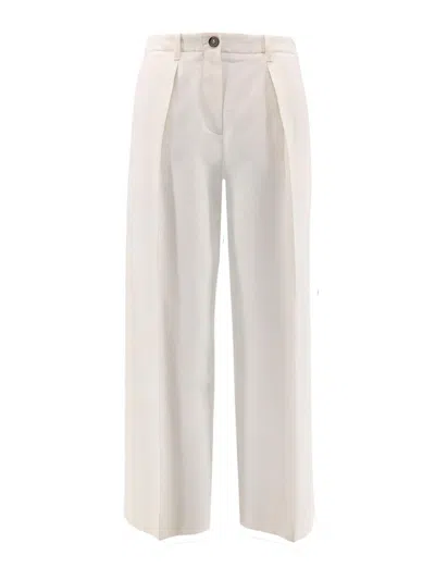 Brunello Cucinelli Women Cotton And Wool Trousers With Adjustable Drawstring In White