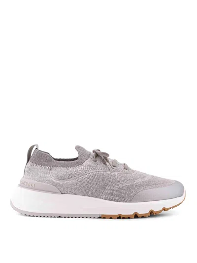 Brunello Cucinelli Techno Cotton Knit Runners With Heat Tape In Gray