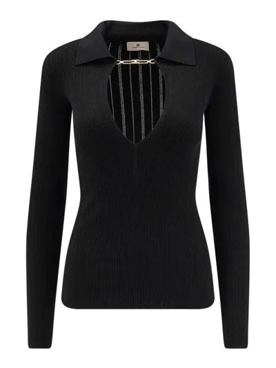 Elisabetta Franchi Deep V-neck Sweater With Gold Accent And Ribbed Texture In Black