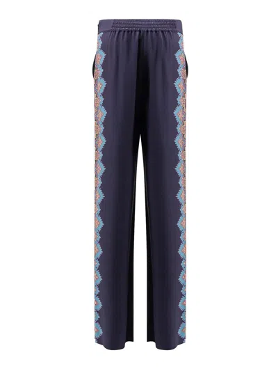 Etro Floral Print Silk Trousers In Blue