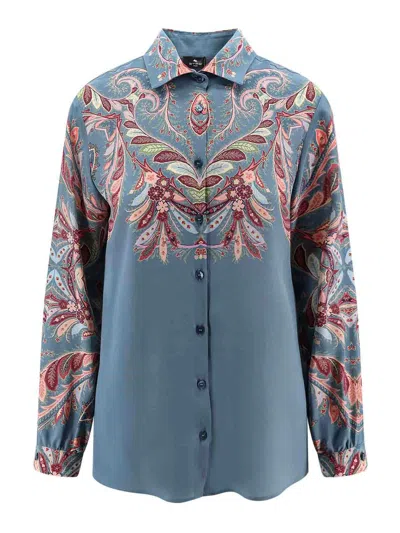 Etro Paisley Print Silk Shirt In Blue