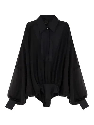 Pinko Crystal Buttoned Collared Sheer Shirt In Black