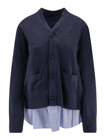 Sacai Cotton Cardigan With Mesh Inserts In Blue