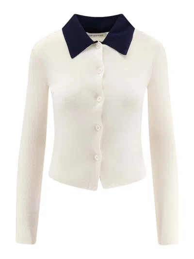Self-portrait Cream Merino Wool Cardigan With Polo Collar And Button Closure In White
