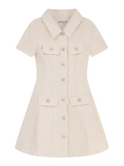 Self-portrait Structured Beige Dress With Classic Collar And Flap Pockets In Neutral