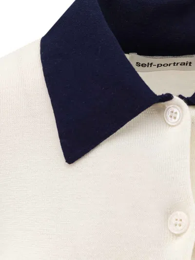 Self-portrait Cream Merino Wool Cardigan With Polo Collar And Button Closure In White