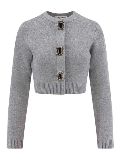 Self-portrait Cropped Gray Sweater With Decorative Buttons In Multi