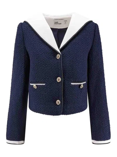 Self-portrait Boucle Jacket With Contrasting Neckline In Blue