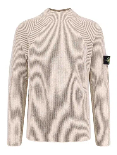 Stone Island White Sweater With Ribbed Design And Logo Patch On Sleeve In Virgin Wool Blend Man In Animal Print