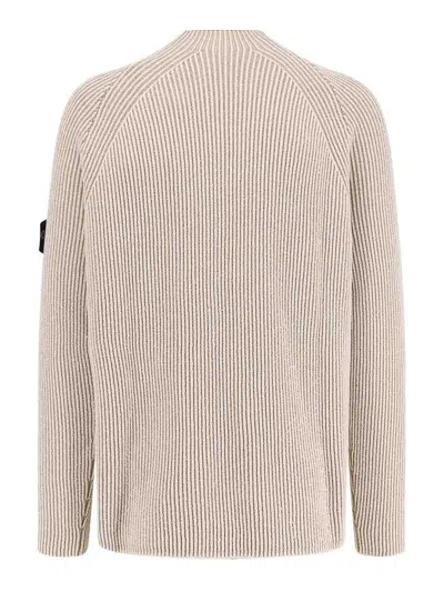 Stone Island White Sweater With Ribbed Design And Logo Patch On Sleeve In Virgin Wool Blend Man In Animal Print