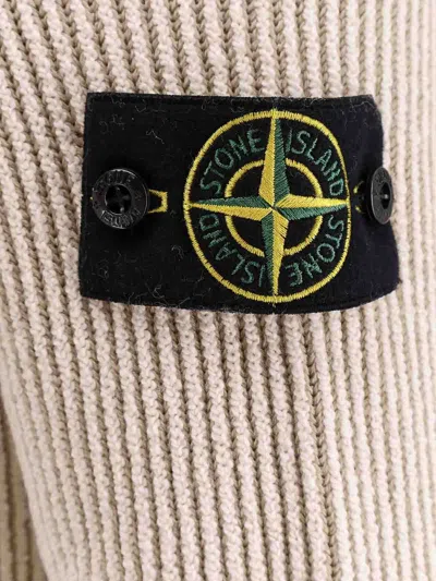 Stone Island White Sweater With Ribbed Design And Logo Patch On Sleeve In Virgin Wool Blend Man In Animal Print