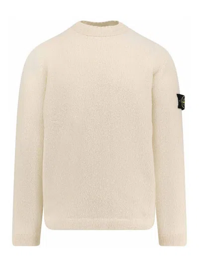Stone Island Ivory Ribbed Knit Sweater With Crew Neckline In Multi