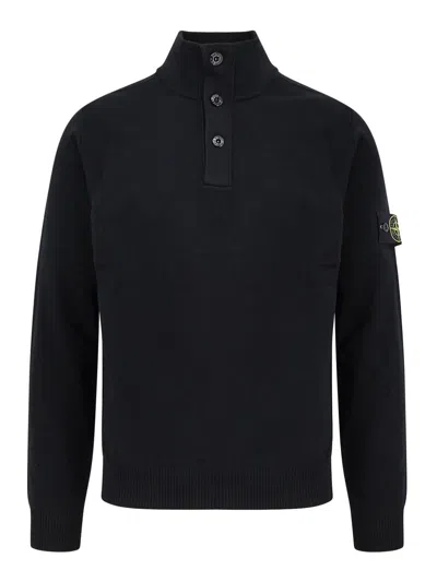 Stone Island High Collar Pullover With Buttoned Placket And Logo Patch In Black