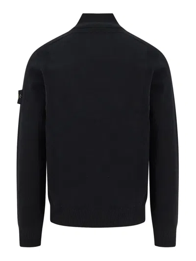 Stone Island High Collar Pullover With Buttoned Placket And Logo Patch In Black