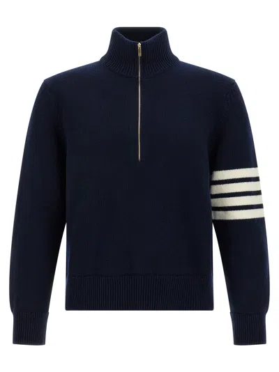 Thom Browne Jersey Stitch Funnel Neck Half Zip Pullover In Merino Wool With 4 Bar Stripe Clothing In Blue