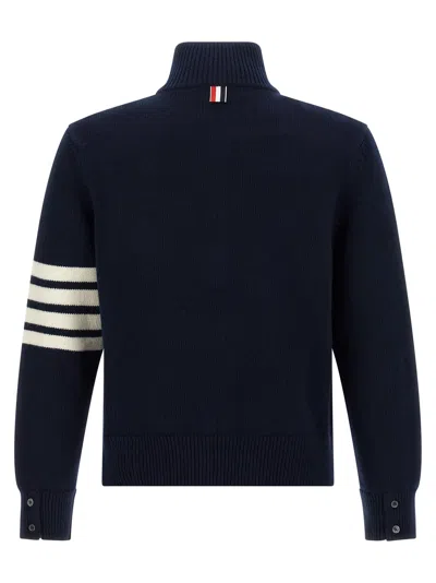 Thom Browne Jersey Stitch Funnel Neck Half Zip Pullover In Merino Wool With 4 Bar Stripe Clothing In Blue
