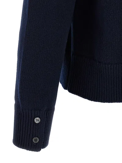 Thom Browne Jersey Stitch Funnel Neck Half Zip Pullover In Merino Wool With 4 Bar Stripe Clothing In Blue